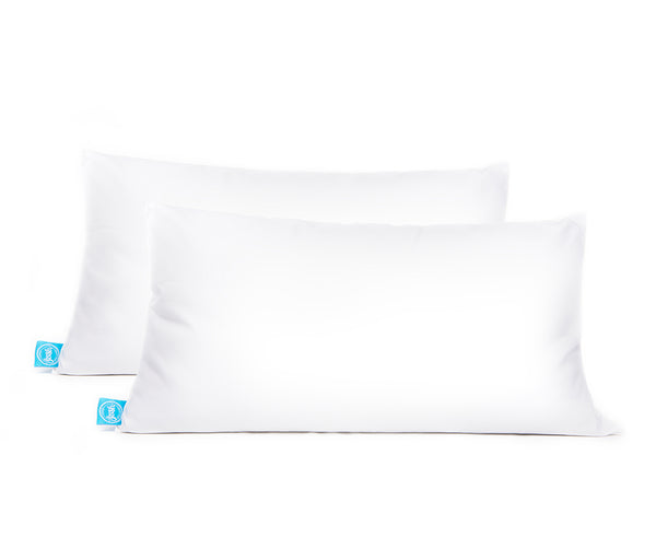 two white pillows, king size, with blue One Fresh Pillow tag
