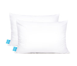 two white pillows, standard size, with blue One Fresh Pillow tag
